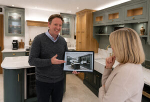 Kitchen designer presenting a realistic 3D kitchen design to a customer in the Sarah Jane Kitchens showroom, showcasing bespoke cabinetry, worktops and layout options before installation